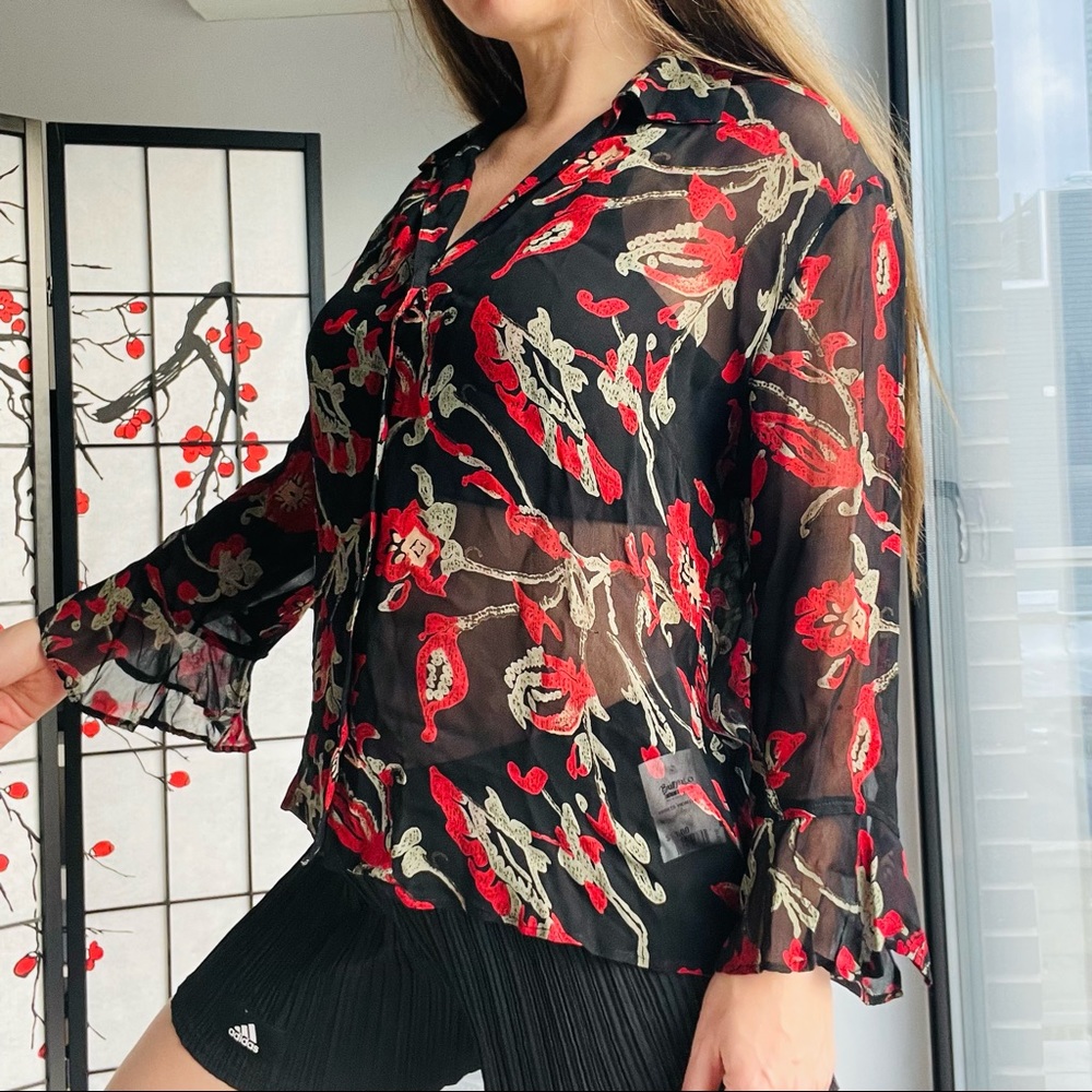 CDC Caren Desiree Company Y2K 80s French Style Floral Casual Sheer Blouse Top